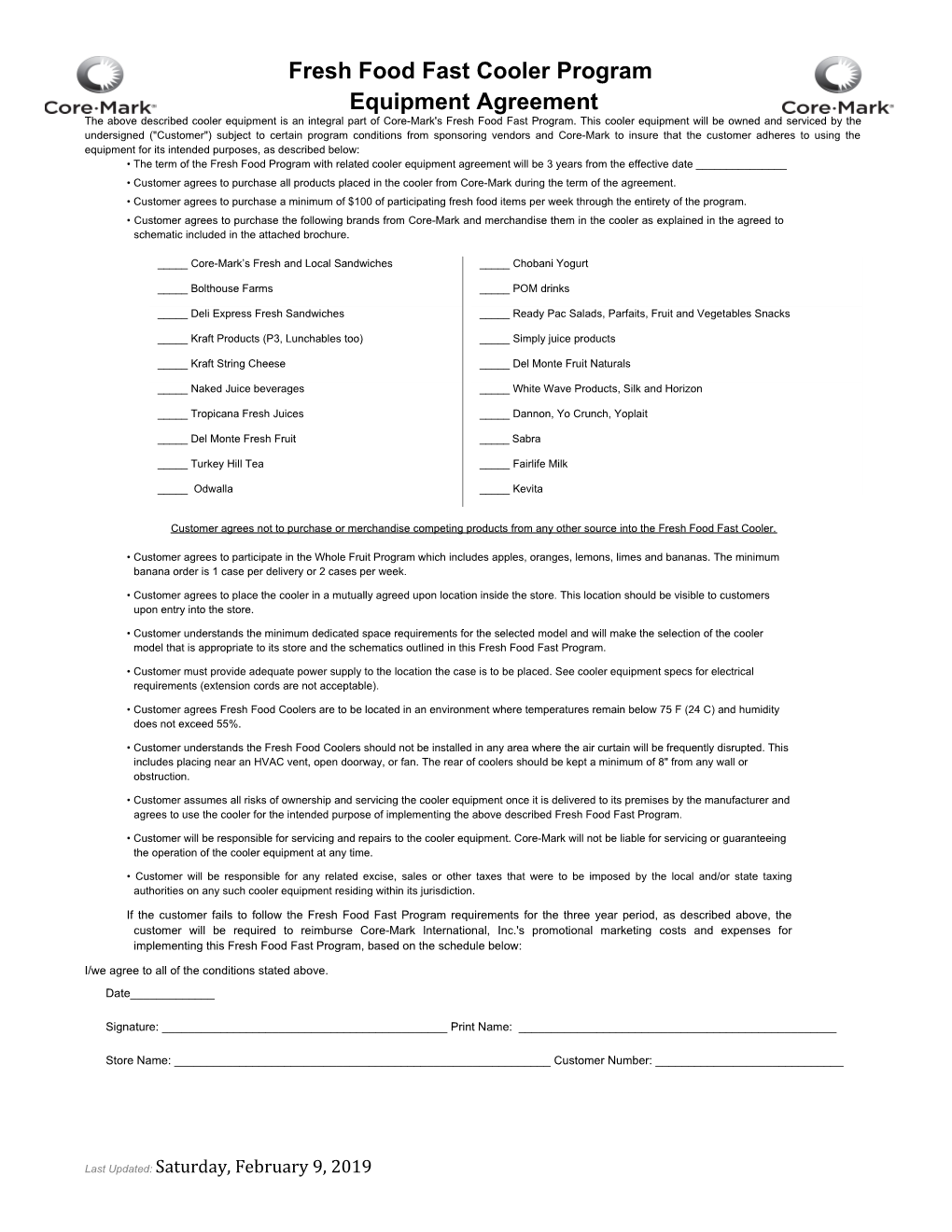 Fresh Food Fast Cooler Program Equipment Agreement