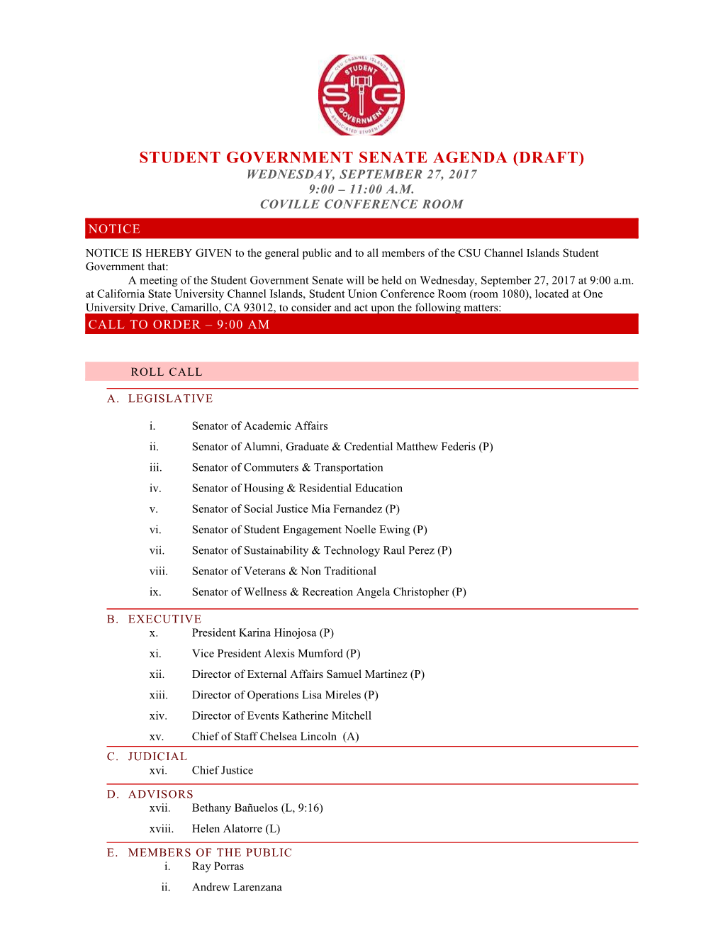 STUDENT GOVERNMENT SENATE AGENDA (Draft)