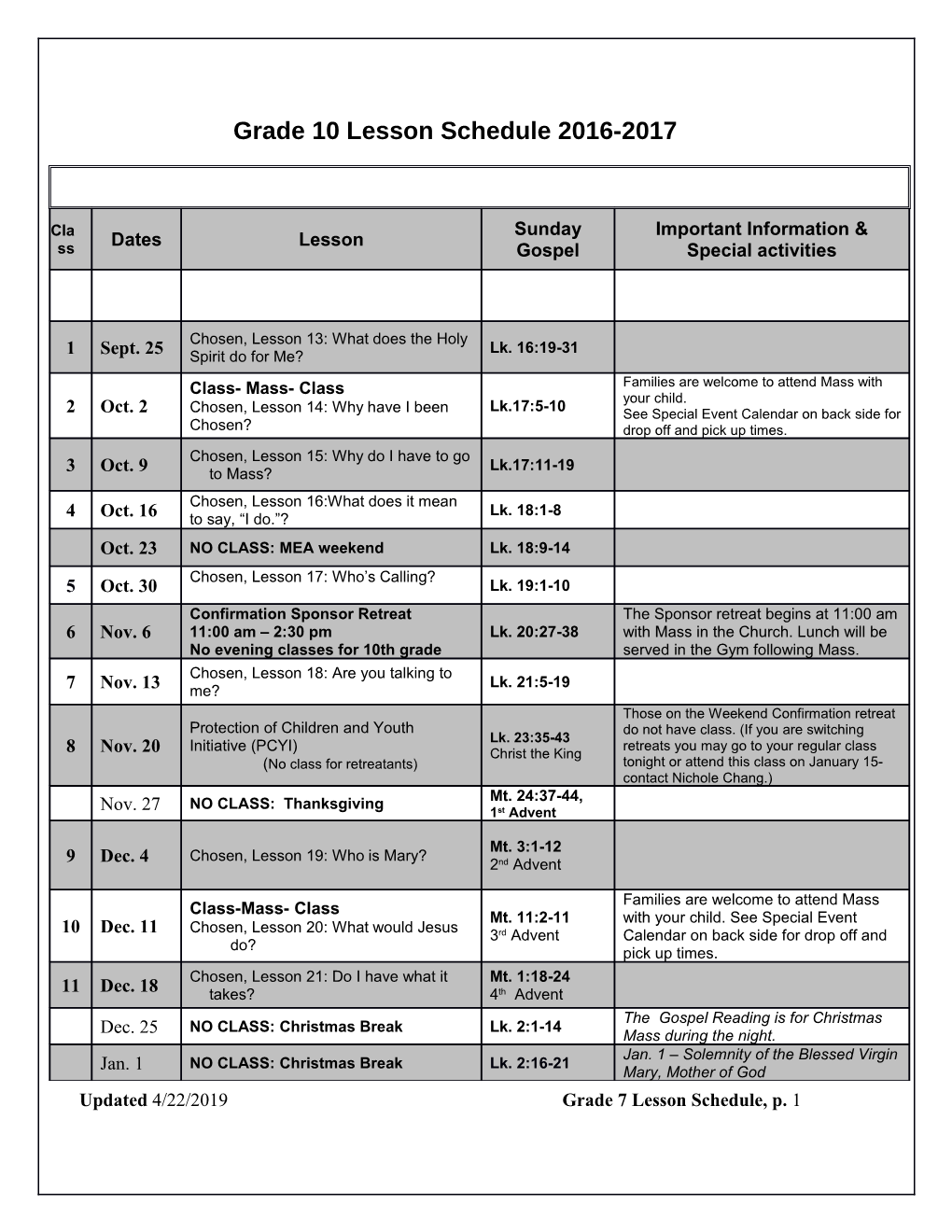 Updated 4/25/2019Grade 7 Lesson Schedule, P. 1