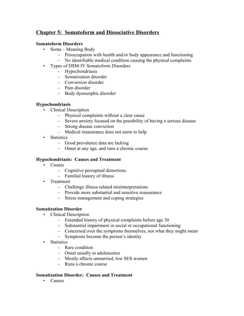 Chapter 5: Somatoform and Dissociative Disorders