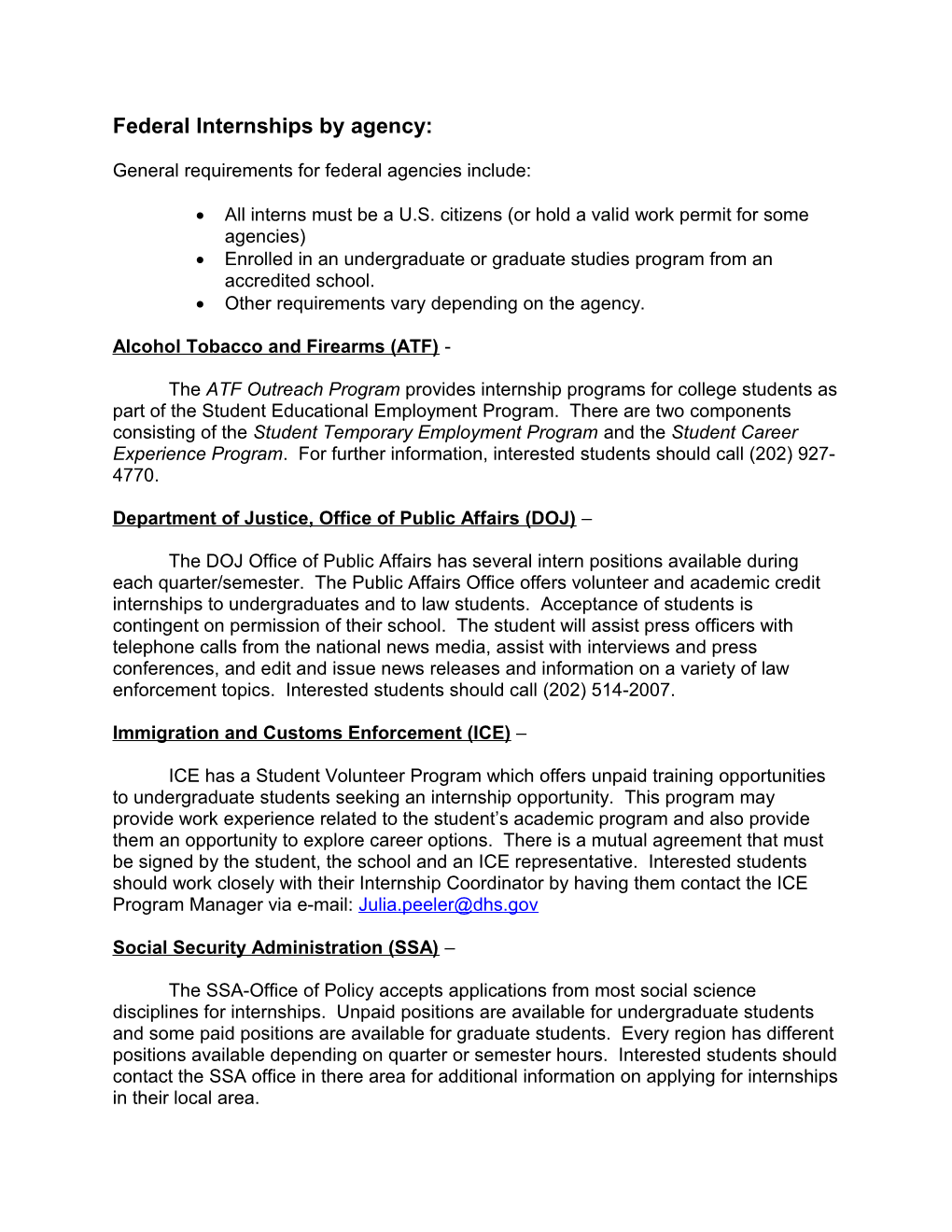 Federal Internship Summary by Agency