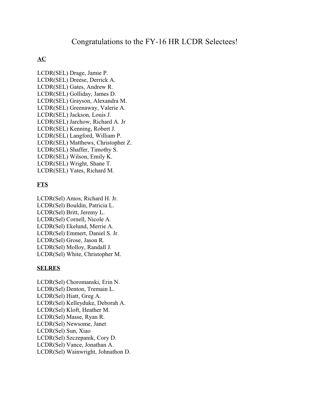 Congratulations to the FY-16 HR LCDR Selectees!