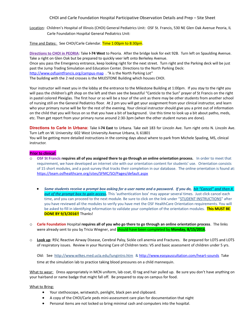 CHOI and Carle Foundation Hospital Participative Observation Details and Prep Site Sheet