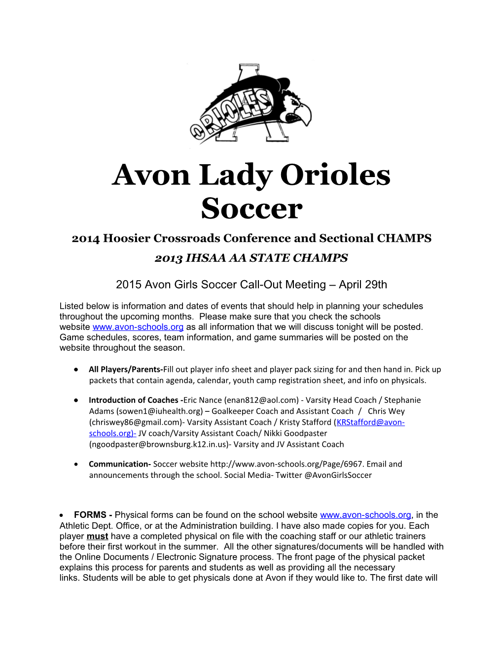 Avon Lady Orioles Soccer