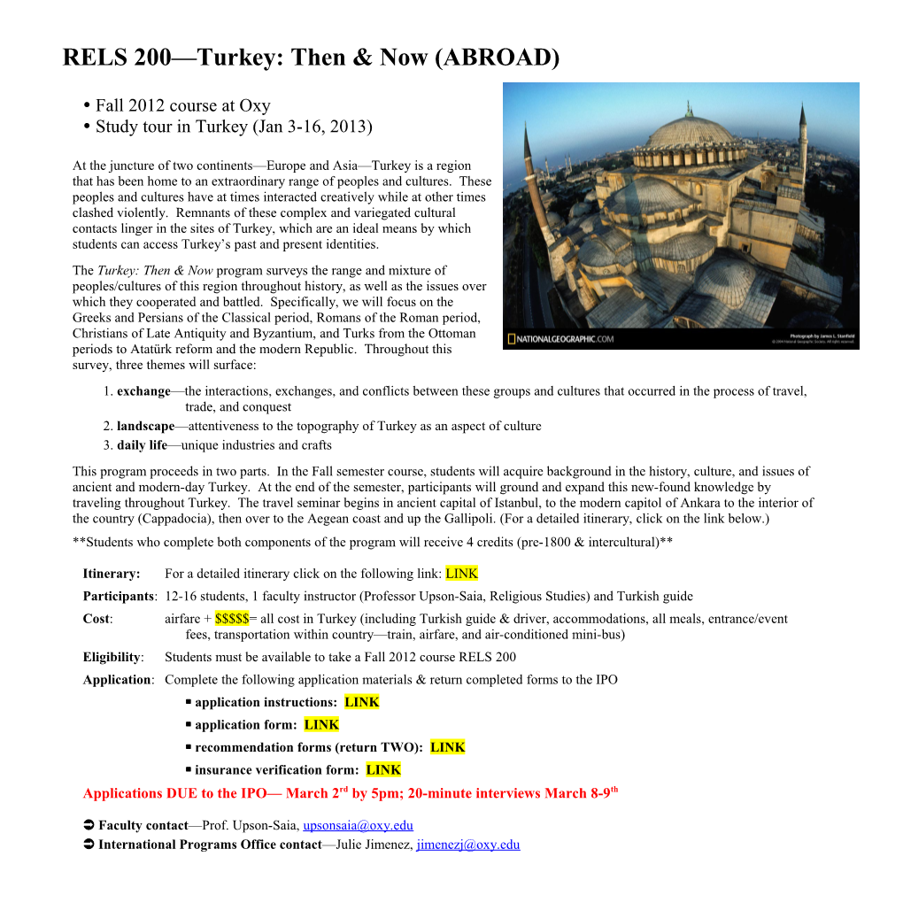 RELS 200 Turkey: Then & Now (ABROAD)