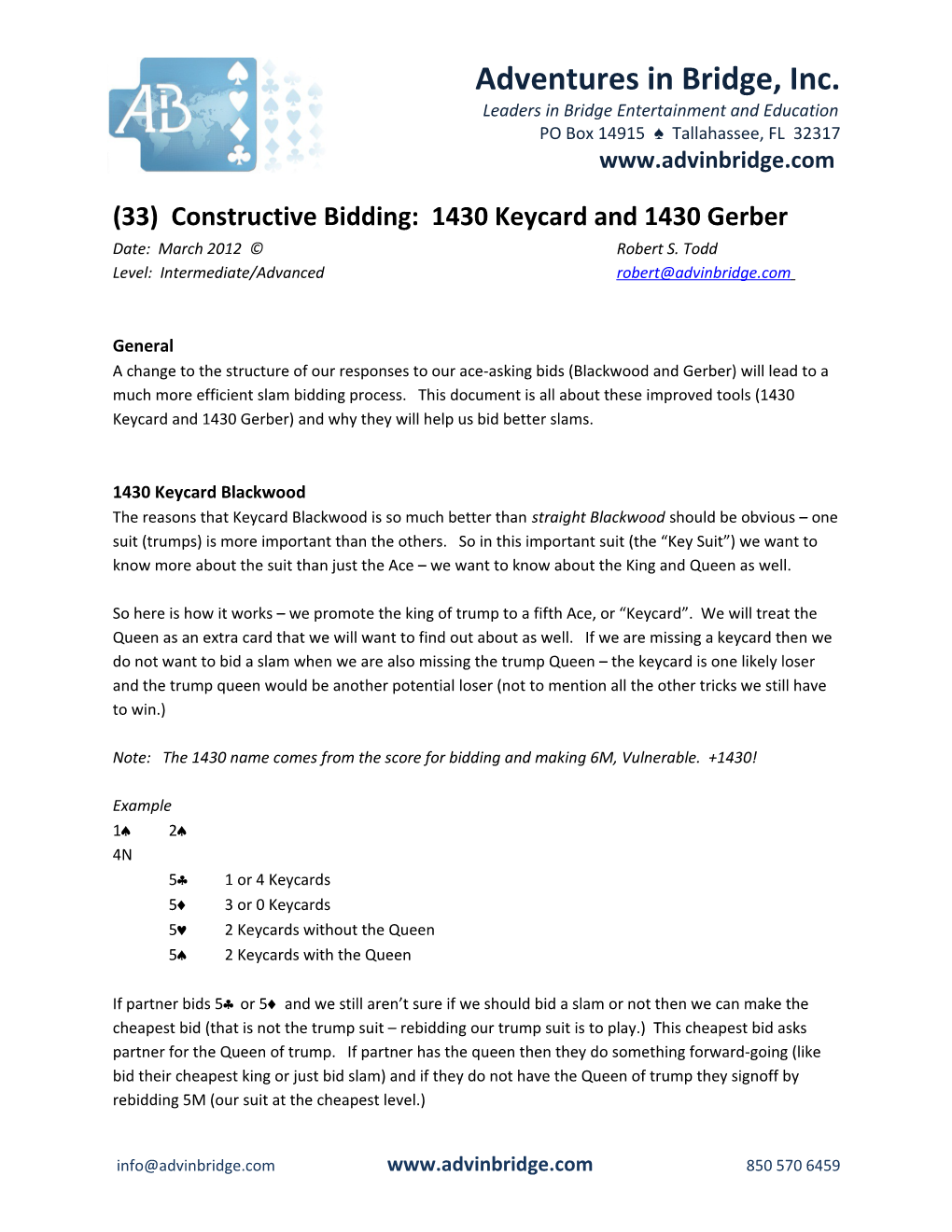 (33) Constructive Bidding: 1430 Keycard and 1430 Gerber