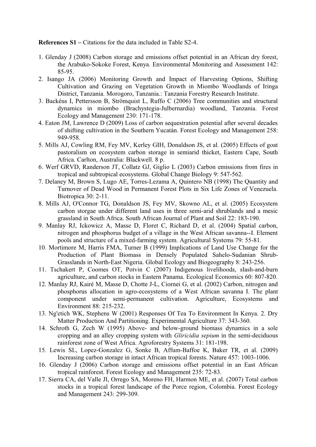 References S1 Citations for the Data Included in Table S2-4