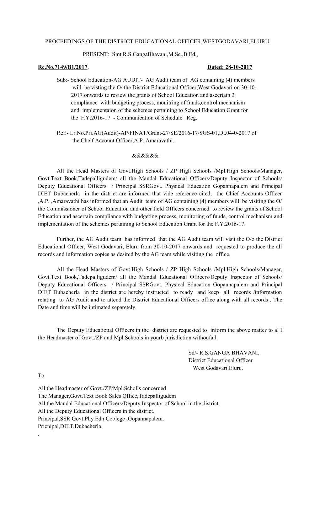 Proceedings of the District Educational Officer,Westgodavari,Eluru