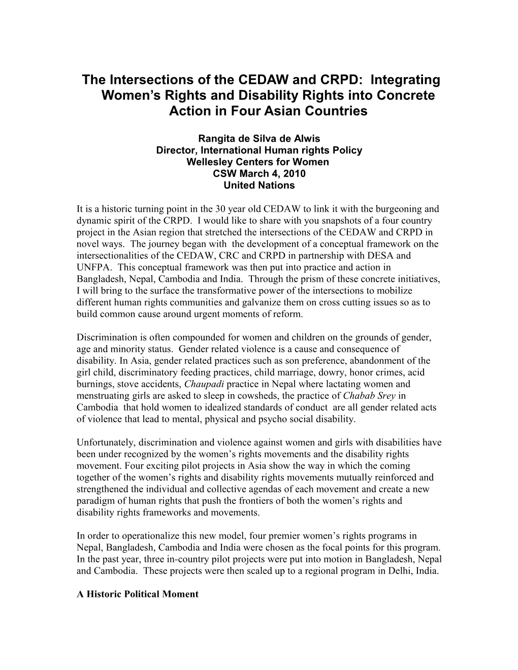 The Intersections of the CEDAW and CRPD: Putting Women S Rights and Disability Rights Into