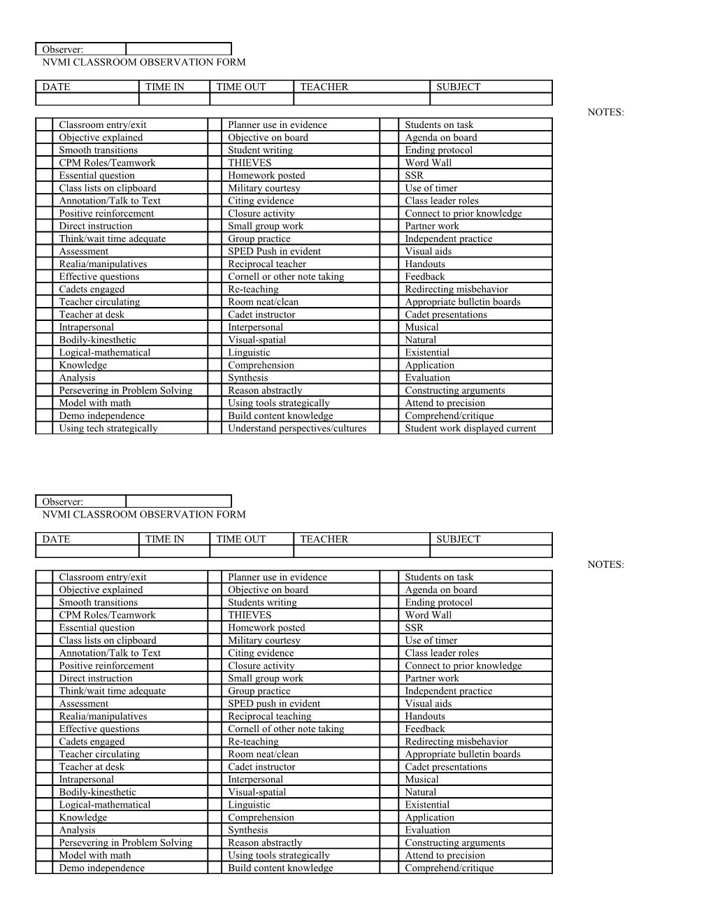 Omi Classroom Observation Form