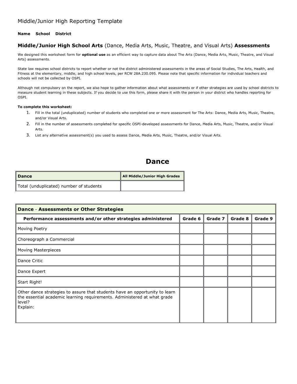 Middle/Junior High Reporting Template