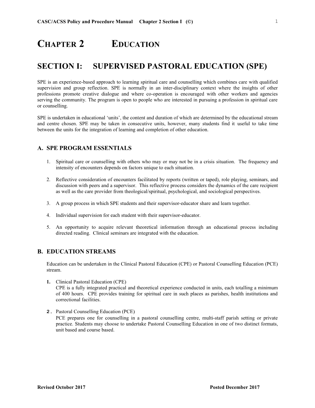 Section I: Supervised Pastoral Education (Spe)