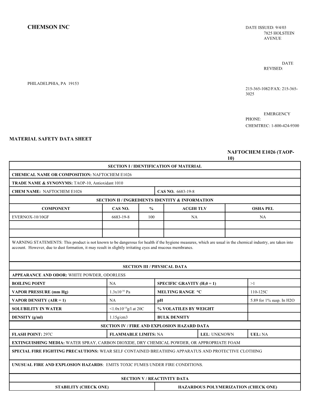 Material Safety Data Sheet Naftochem E1026 (Taop-10)