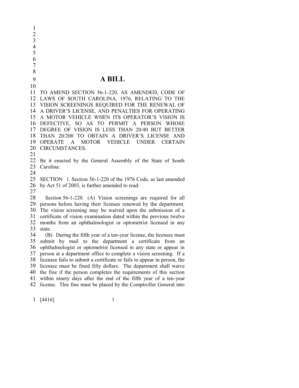 2003-2004 Bill 4416: Driver's License Renewal, Vision Screening Requirements Revised