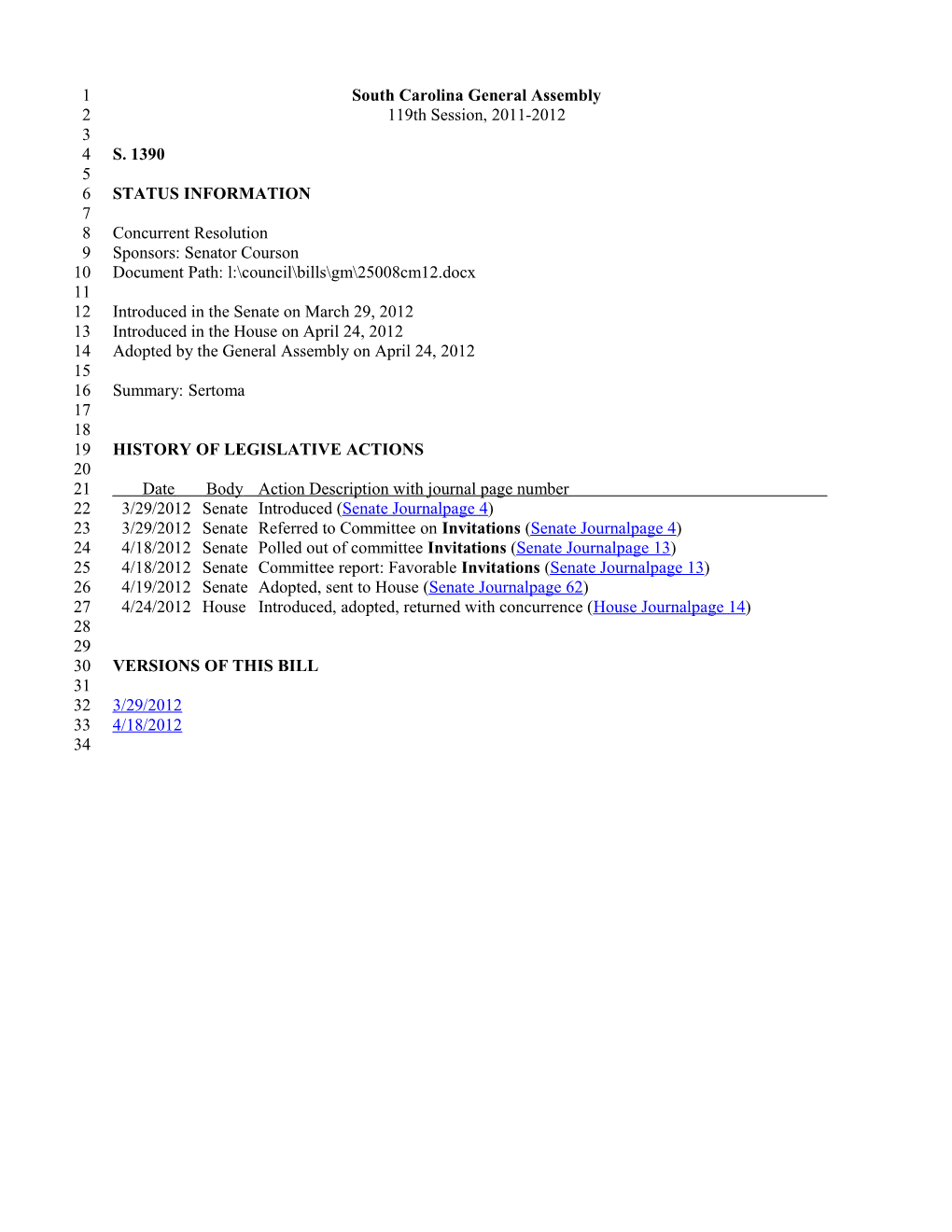 2011-2012 Bill 1390: Sertoma - South Carolina Legislature Online