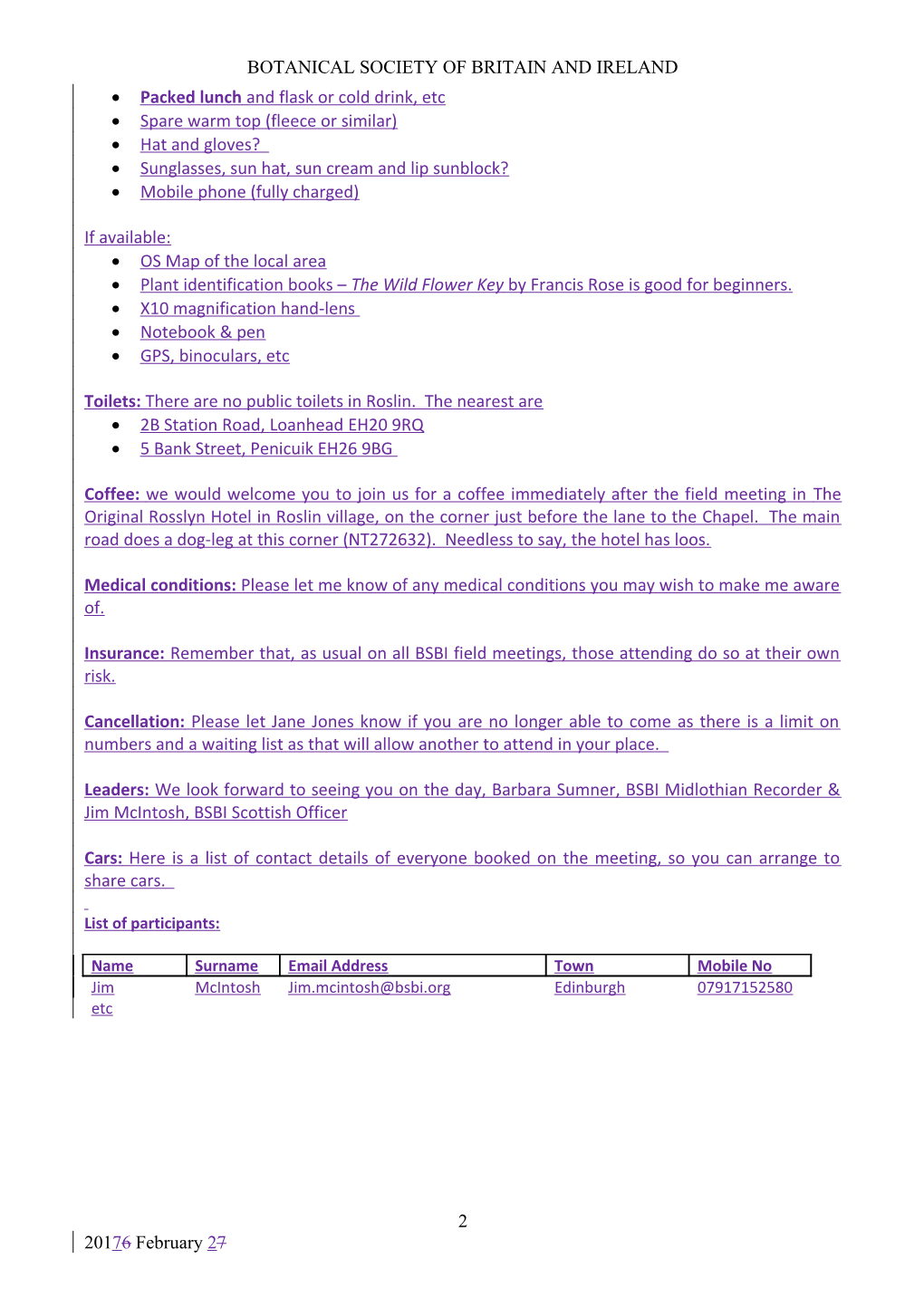 Example of Field Meeting Information Letter