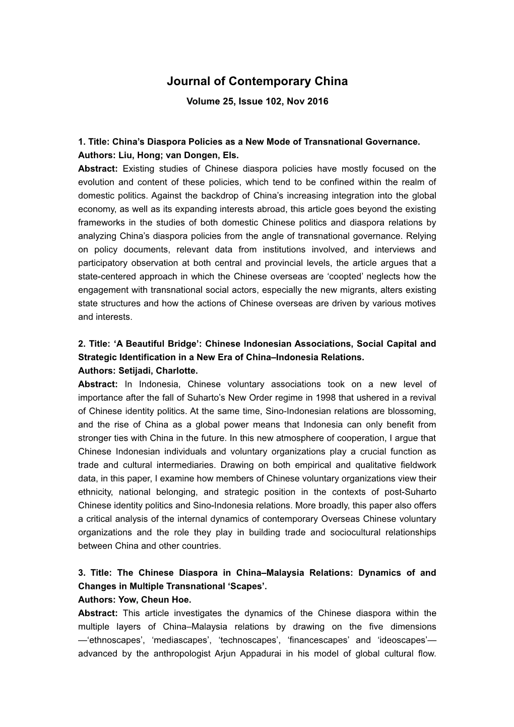 1. Title: China S Diaspora Policies As a New Mode of Transnational Governance