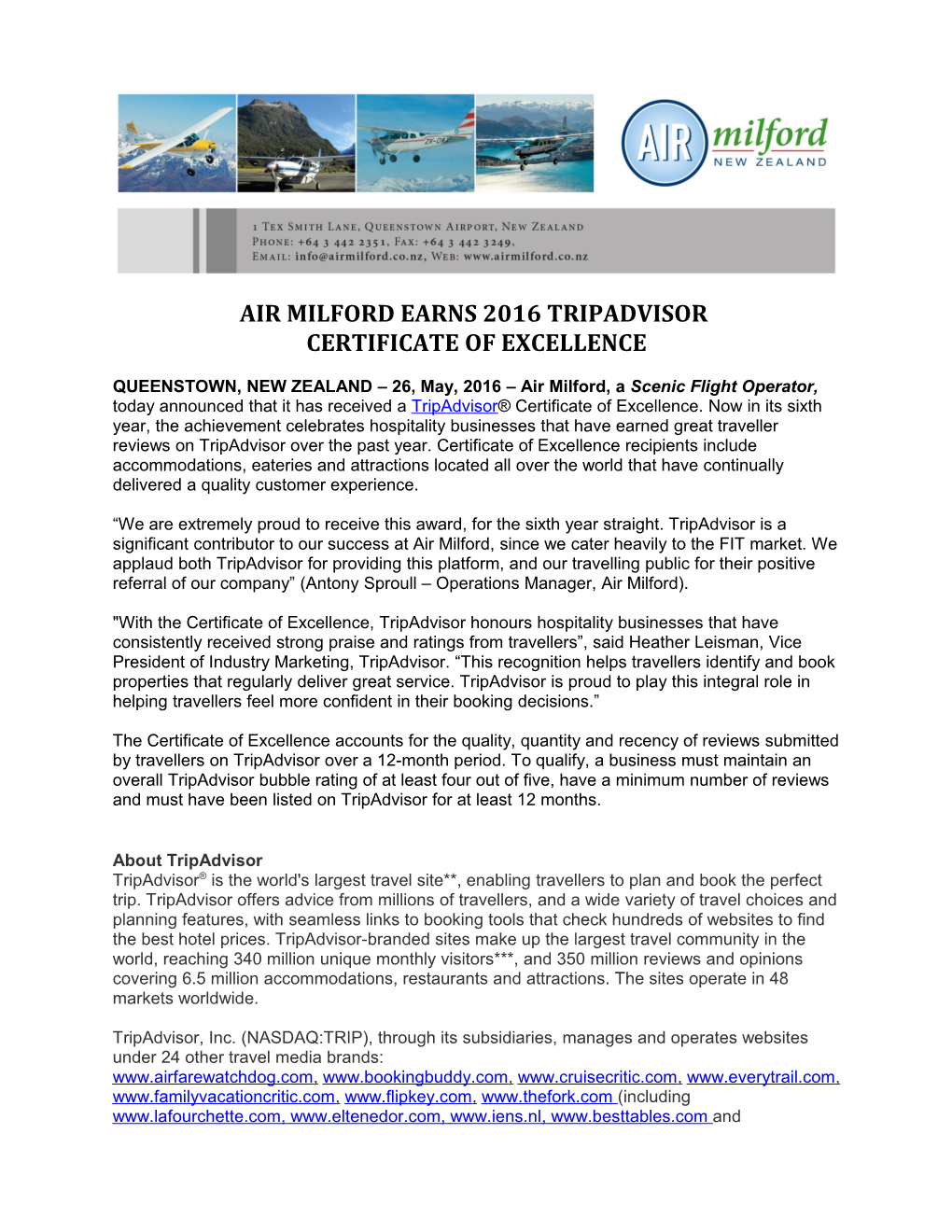 Air Milford Earns 2016 Tripadvisor