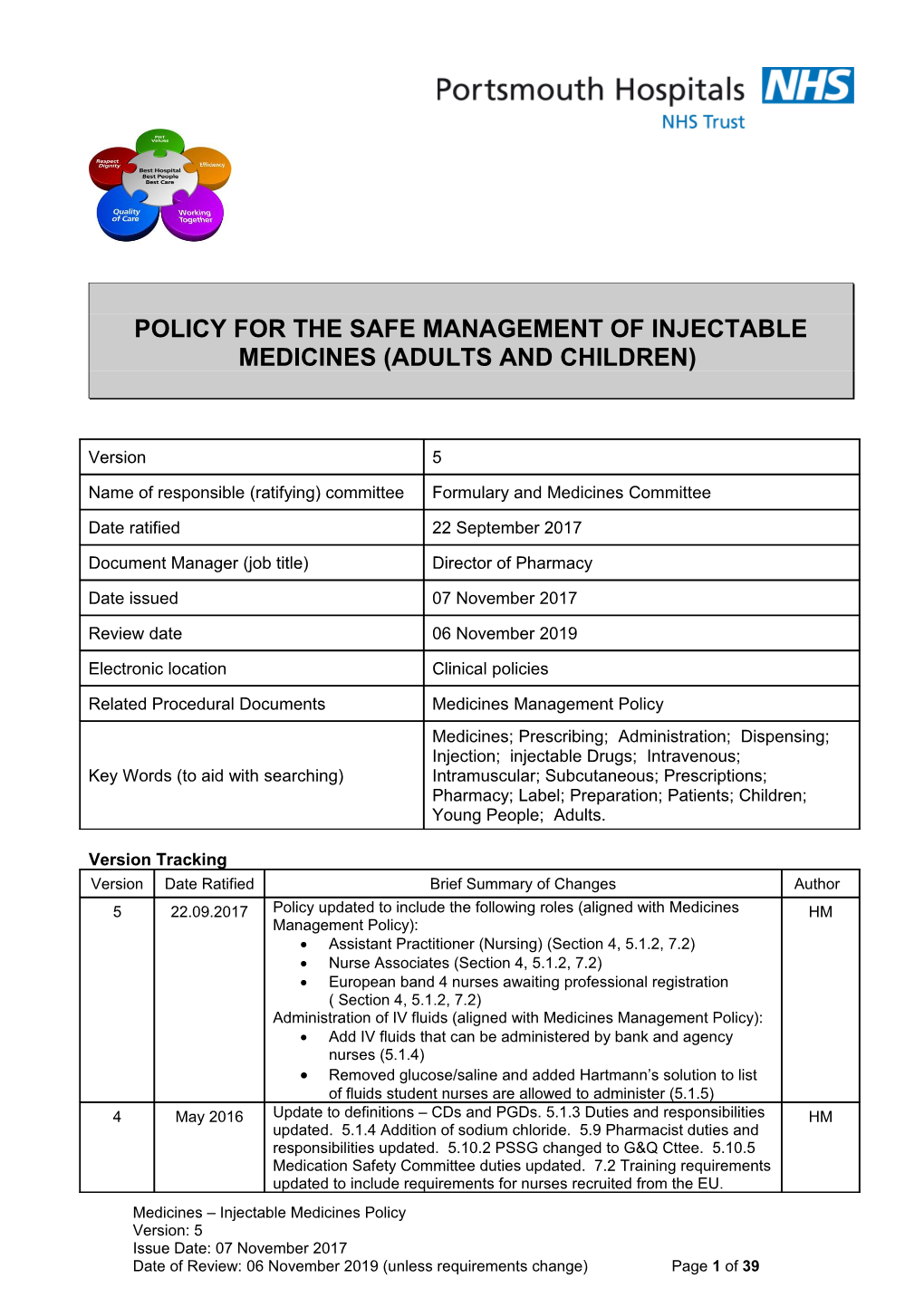 Policy for the Safe Management of Injectable Medicines