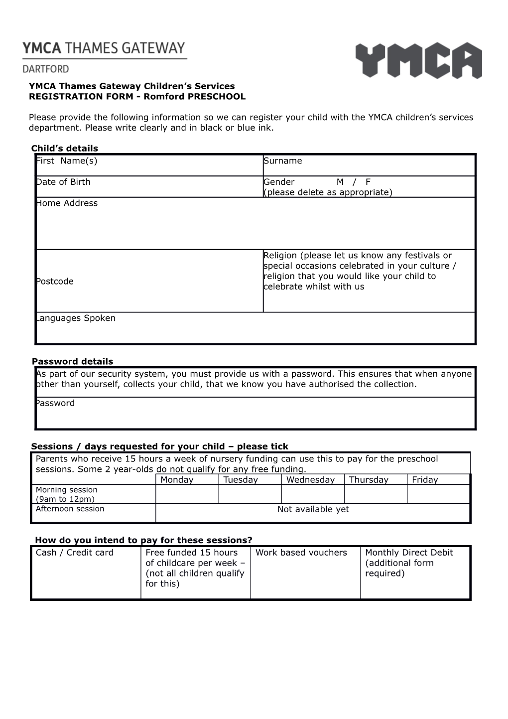 YMCA Thames Gateway Children S Services REGISTRATION FORM - Romfordpreschool