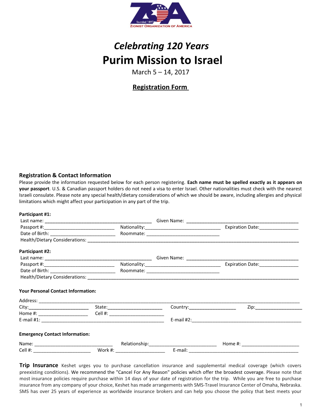 Registration Form (Page 2) ZOA 2017Purim Mission