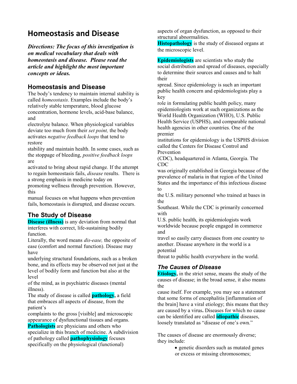 Homeostasis and Disease