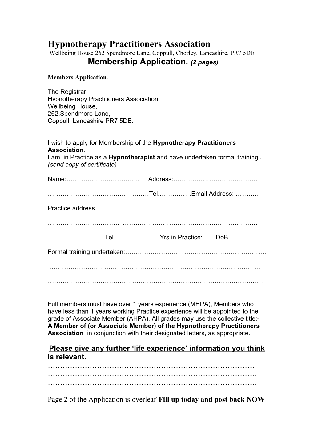 Hypnotherapy Practitioners Association Membership Application