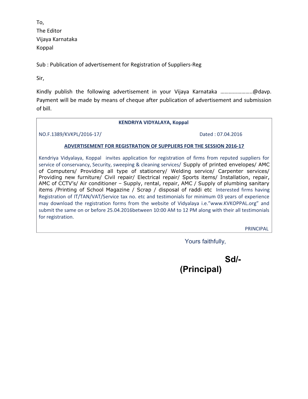 Sub : Publication of Advertisement for Registration of Suppliers-Reg