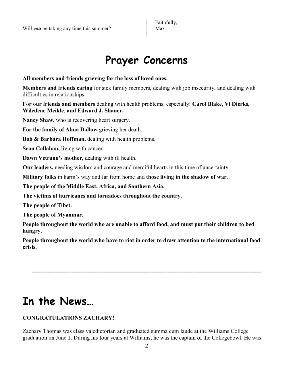 The Official Newsletter of the Community Church of the Pelhams