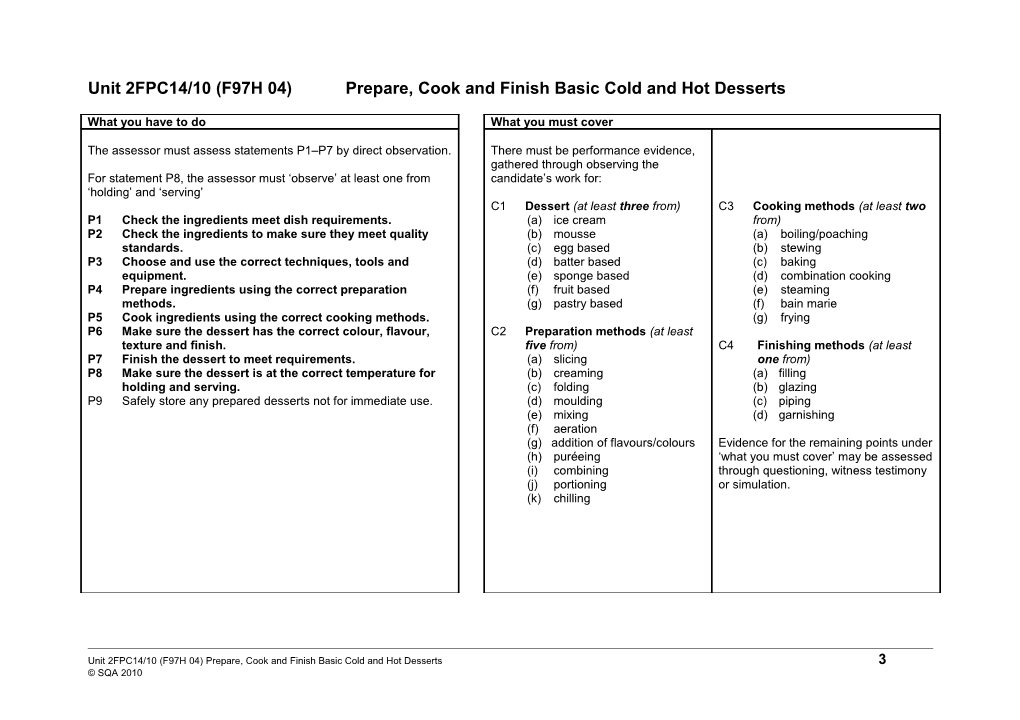 Unit 2FPC14/10 (F97H 04)Prepare, Cook and Finish Basic Cold and Hot Desserts