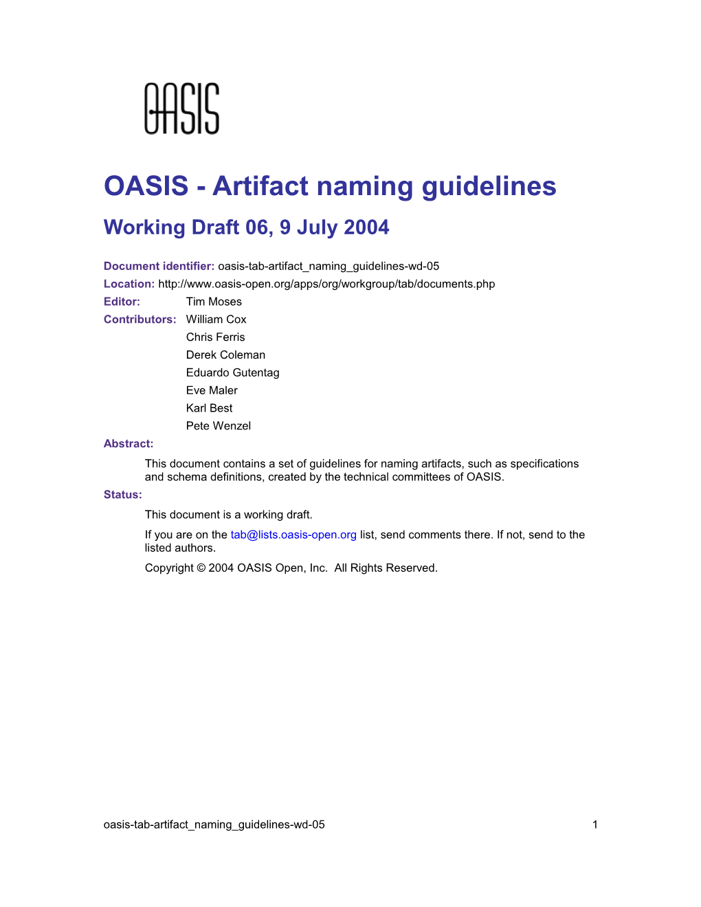 OASIS - Artifact Naming Guidelines