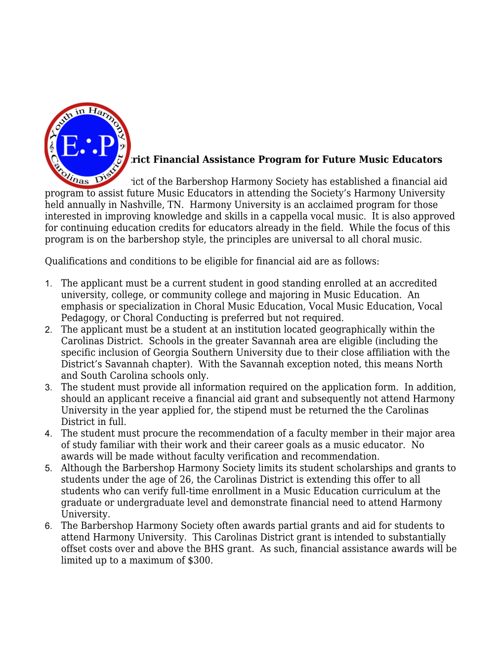 Carolinas District Financial Assistance Program for Future Music Educators