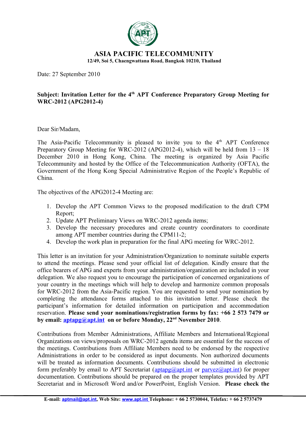 Subject: Invitation Letter for the 4Th APT Conference Preparatory Group Meeting for WRC-2012