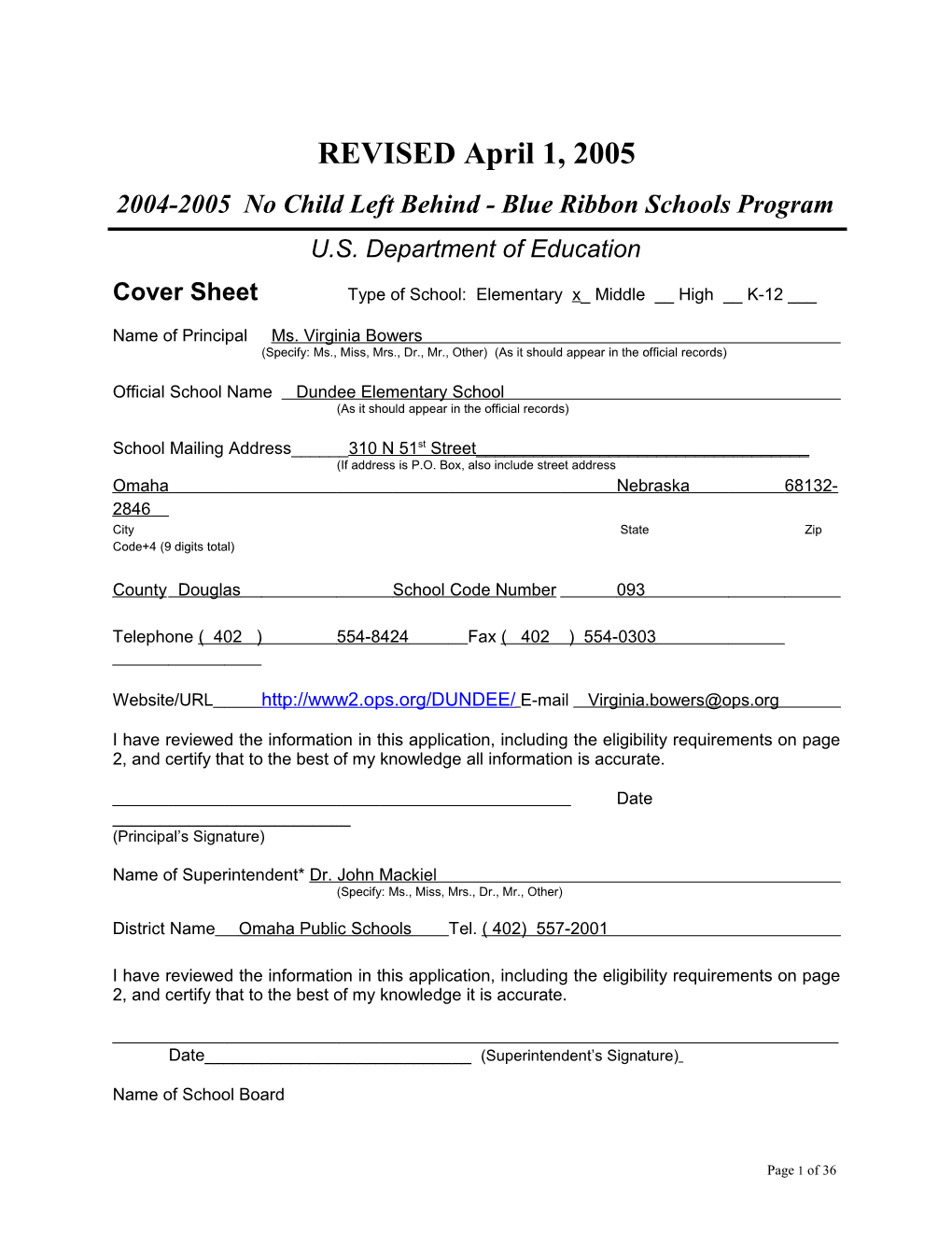 Dundee Elementary School Application: 2004-2005, No Child Left Behind - Blue Ribbon Schools