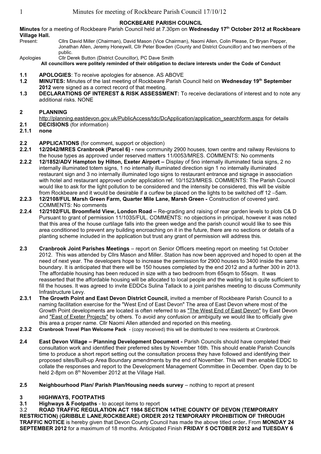 1 Minutes for Meeting of Rockbeare Parish Council 17/10/12