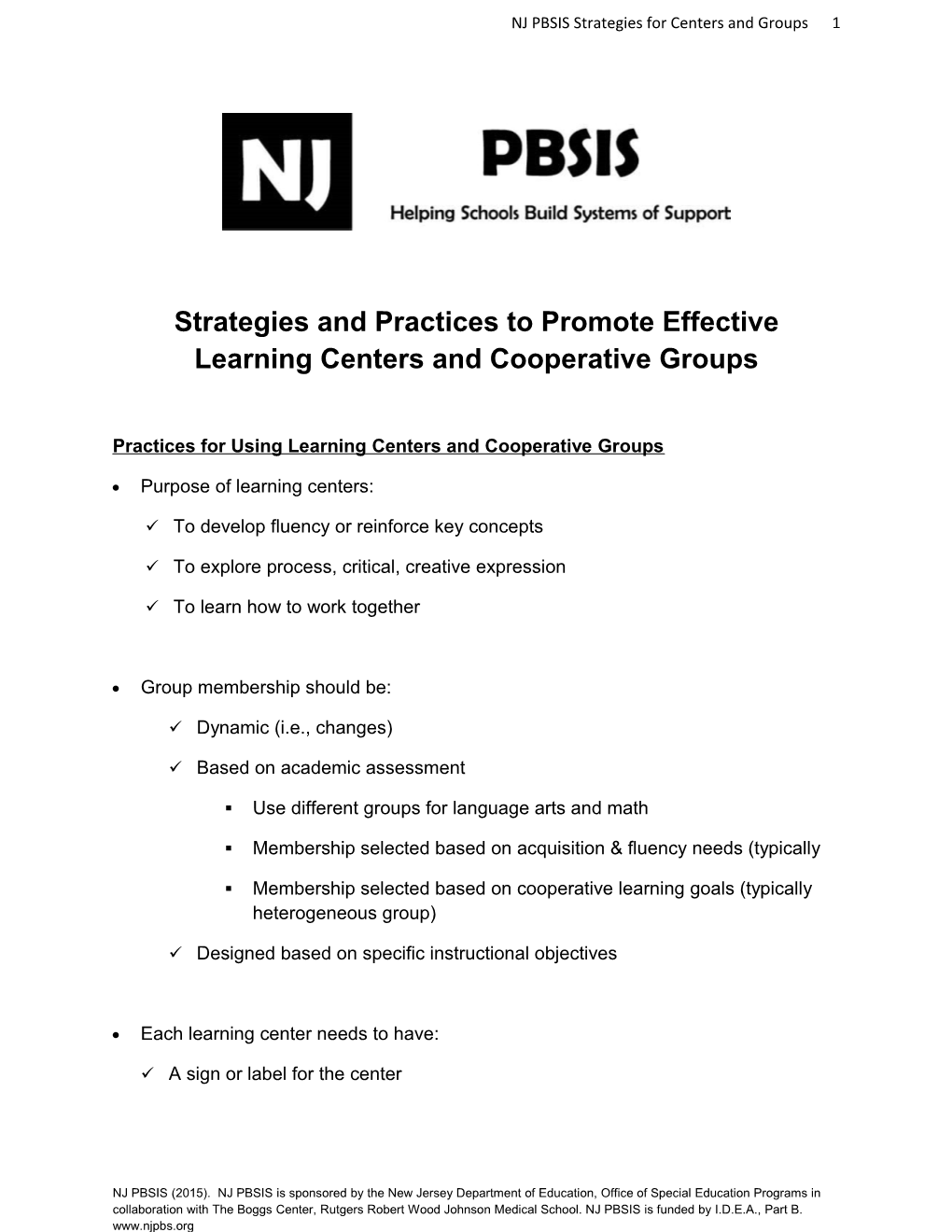 Strategies and Practices to Promote Effective Learning Centers and Cooperative Groups