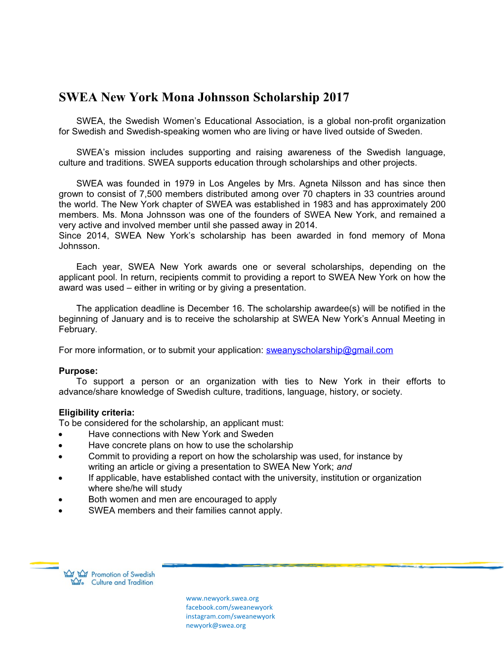 SWEA New York Mona Johnsson Scholarship 2017