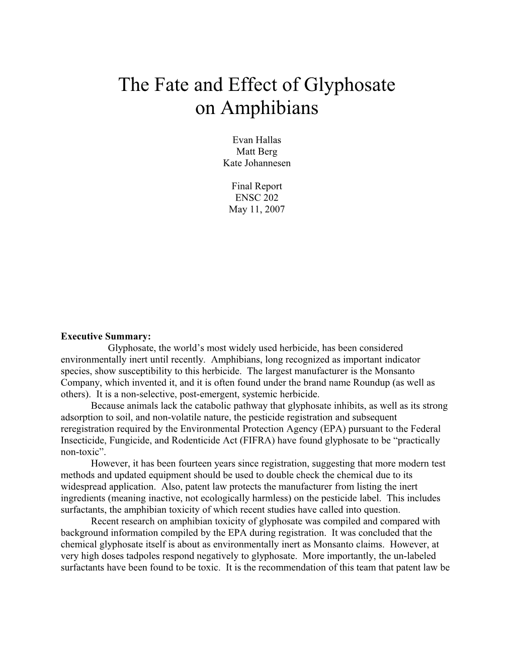 The Fate and Effect of Glyphosate on Reptiles and Amphibians