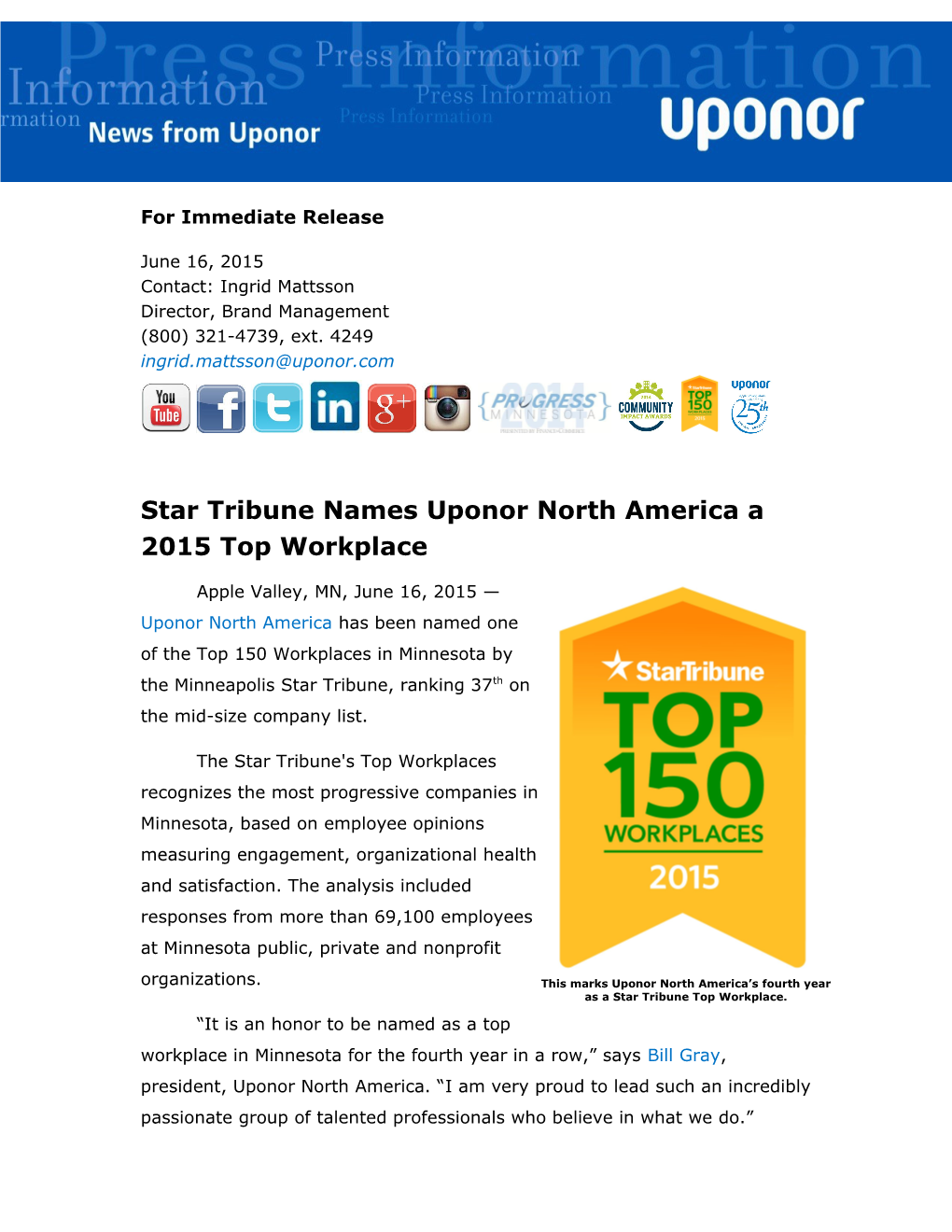 Star Tribune Names Uponor North America a 2015 Top Workplace