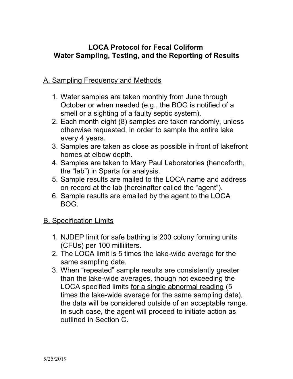 DRAFT LOCA Protocol for Fecal Coliform Water Sample Results