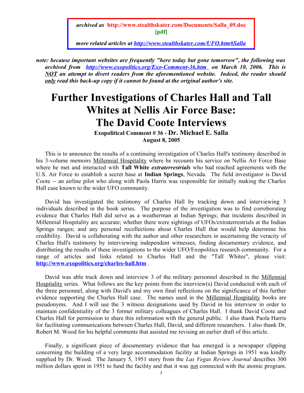 Further Investigations of Charles Hall and Tall Whites at Nellis Air Force Base
