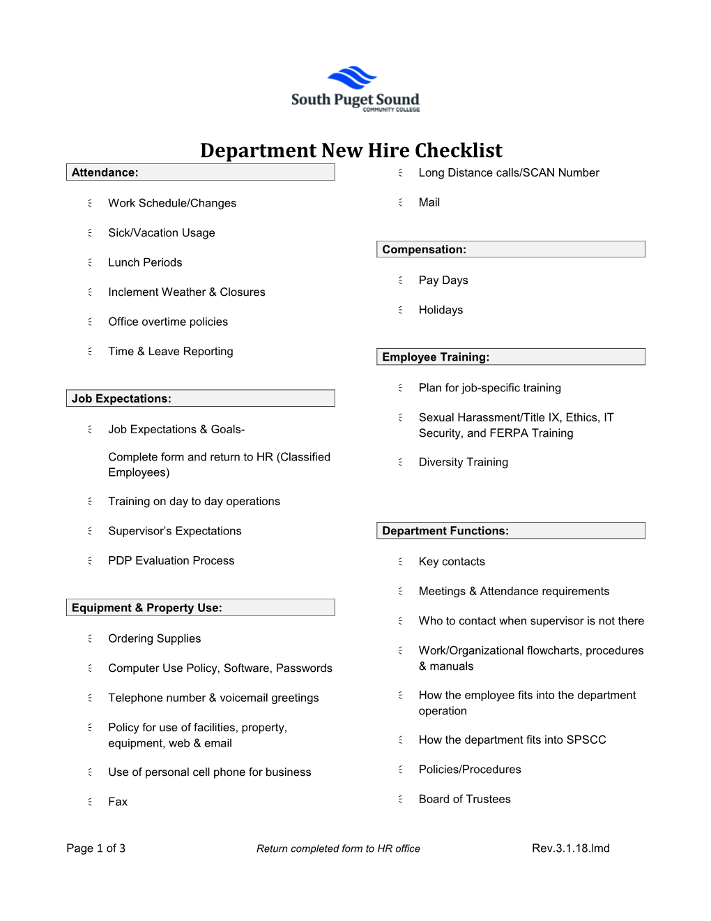 Department New Hire Checklist