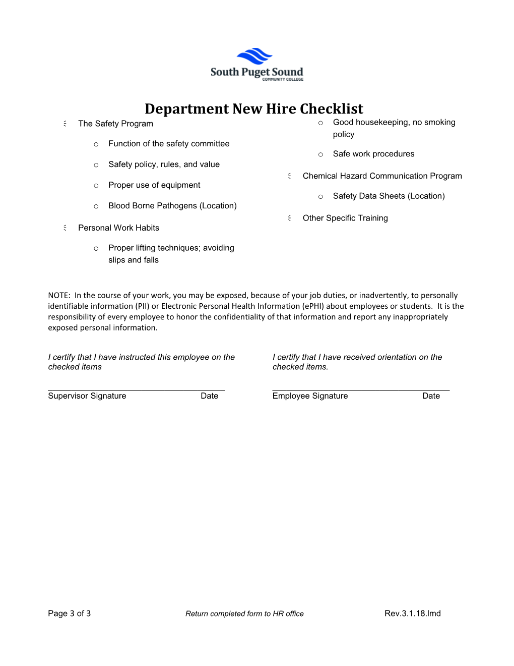 Department New Hire Checklist