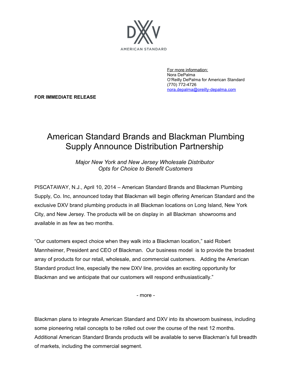 American Standard Brands and Blackman Plumbing Supply Announce Distribution Partnership