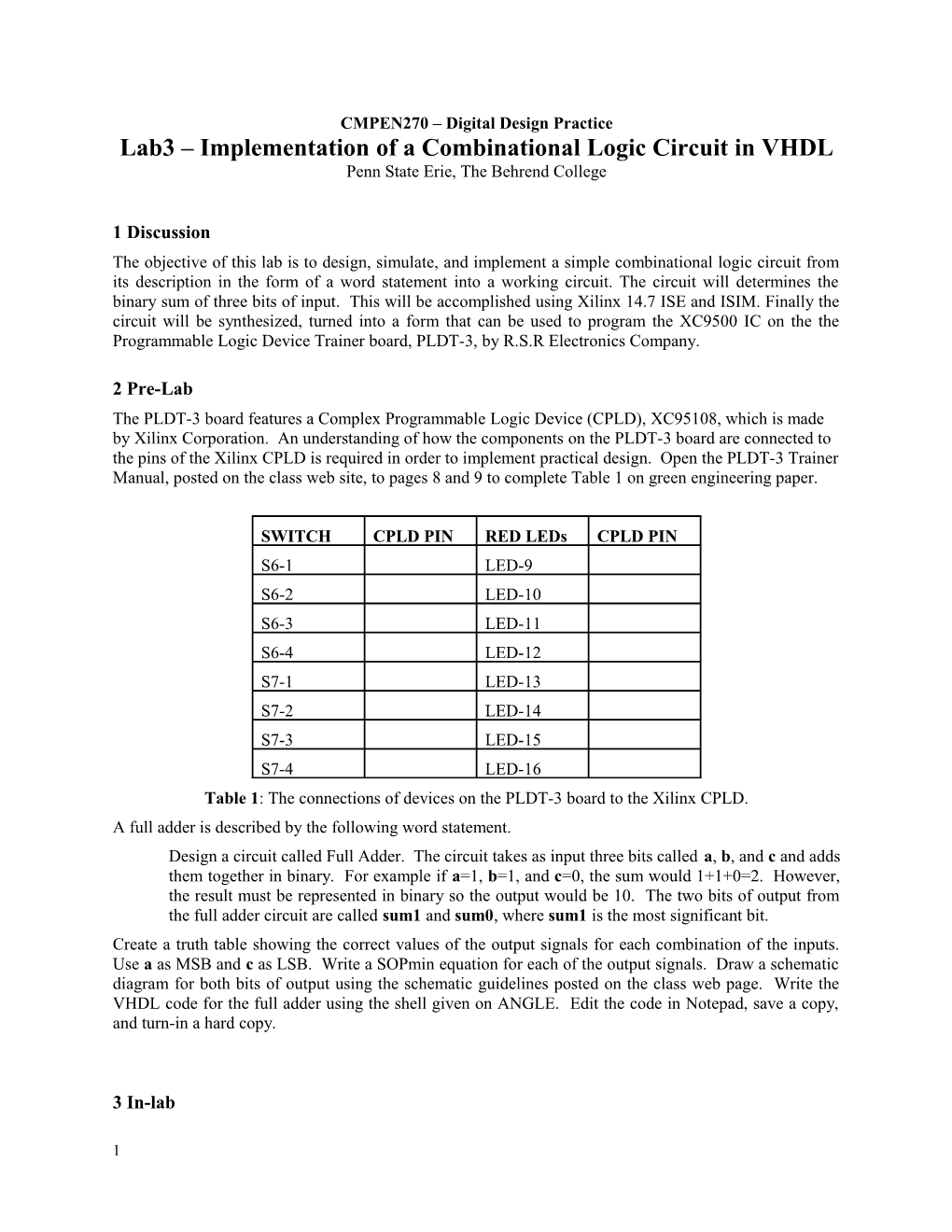 Lab3 Implementation of a Combinational Logic Circuit in VHDL