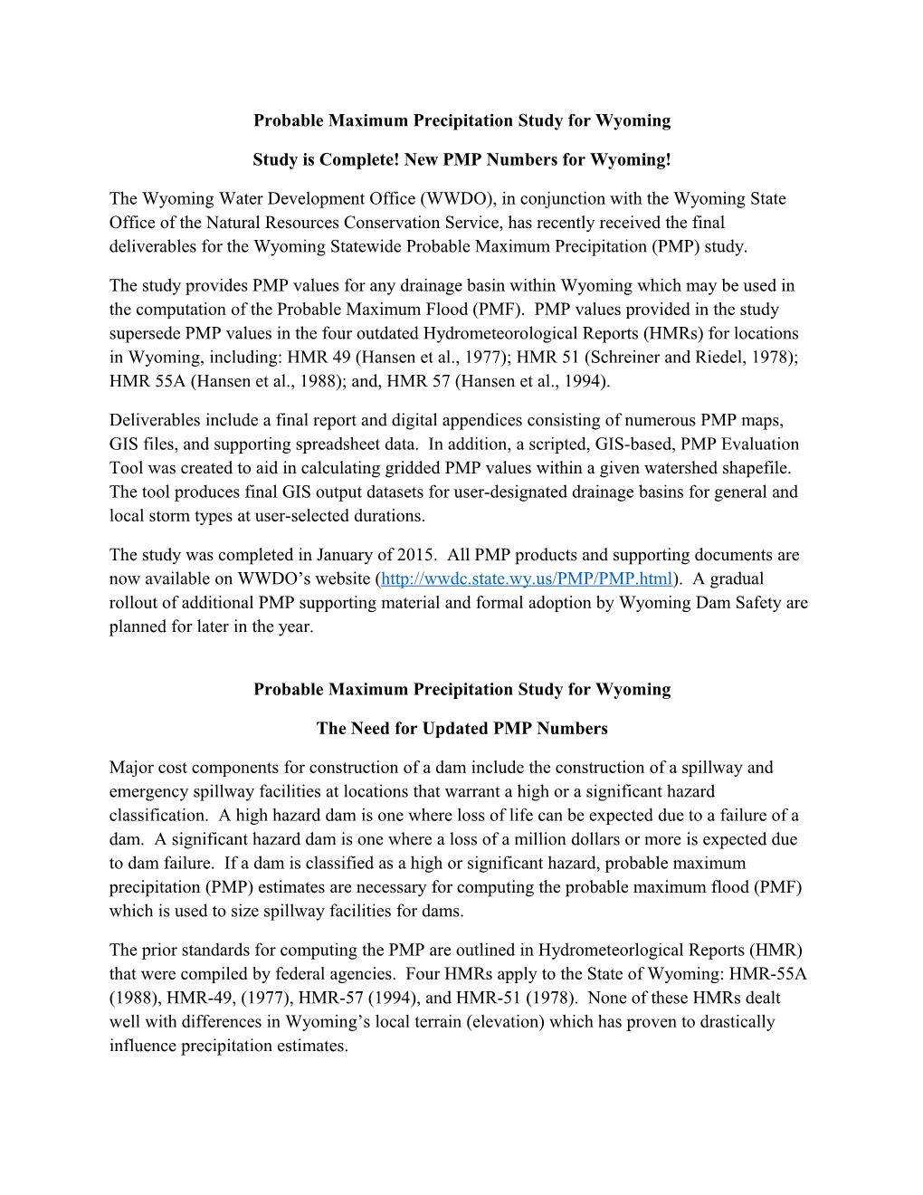 Probable Maximum Precipitation Study for Wyoming