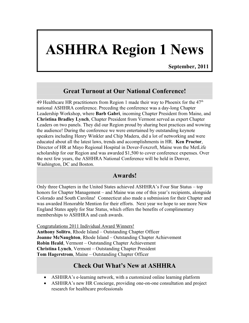 ASHHRA Region 1 News