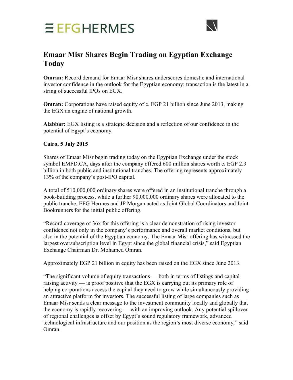 Emaar Misr Shares Begin Trading on Egyptian Exchange Today