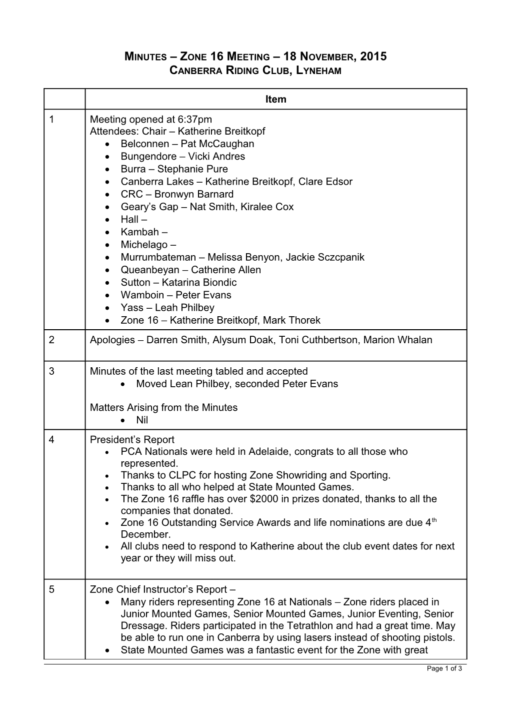 Minutes Zone 16 Meeting 18 November, 2015