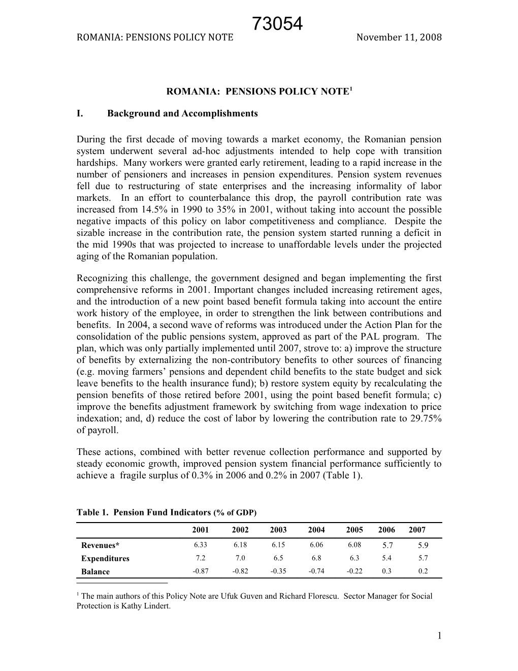 Romania Pensions Policy Note